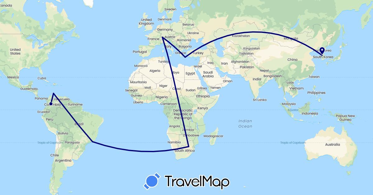 TravelMap itinerary: driving in Brazil, Switzerland, Colombia, Greece, South Korea, South Africa (Africa, Asia, Europe, South America)
